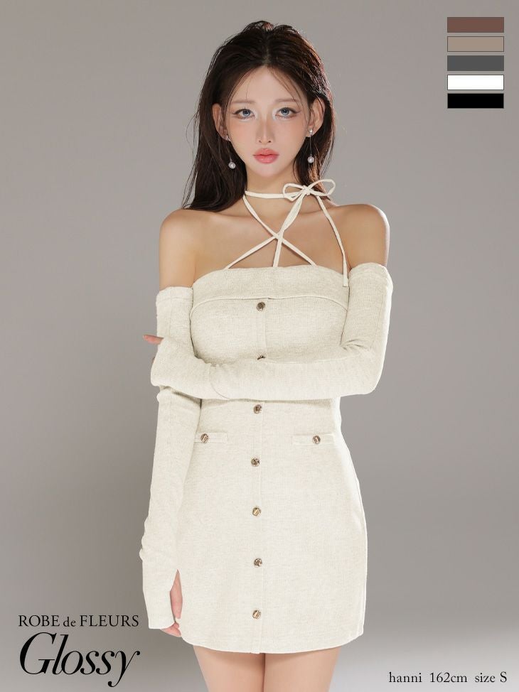 Glossy ローブドフルールグロッシー 【XSサイズあり】アームウォーマー付きリブニットフロントボタンタイトミニミニキャバドレス gl4321