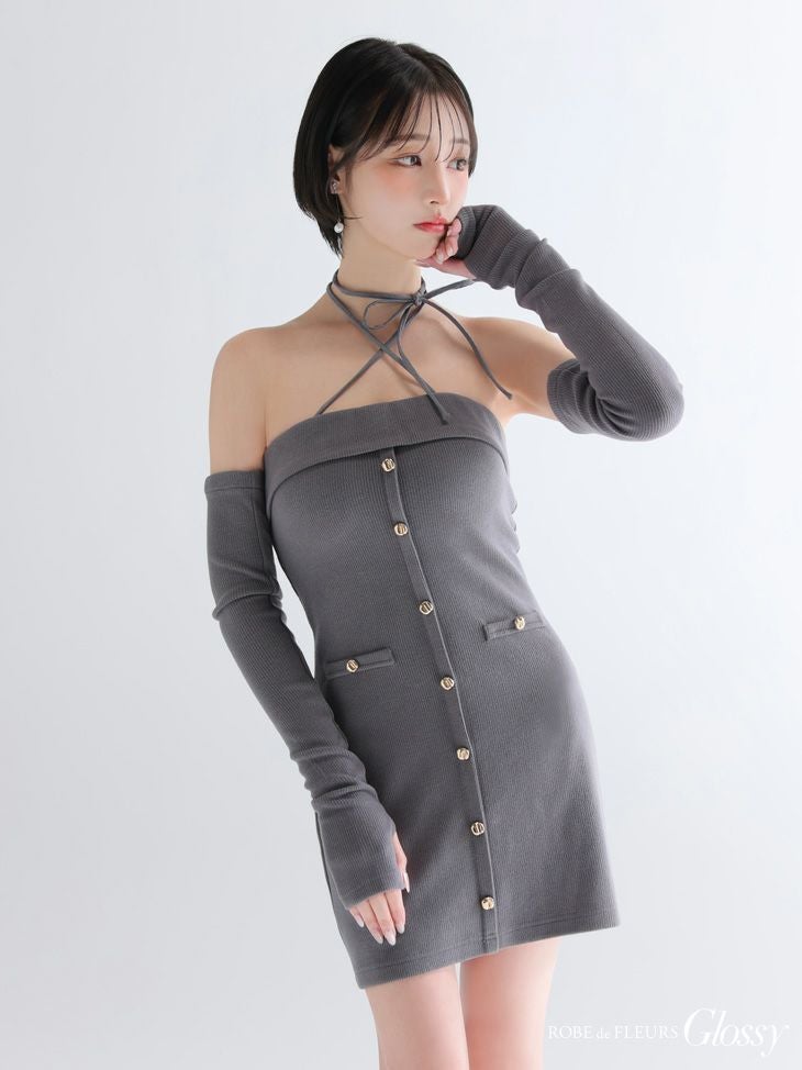 Glossy ローブドフルールグロッシー 【XSサイズあり】アームウォーマー付きリブニットフロントボタンタイトミニミニキャバドレス gl4321