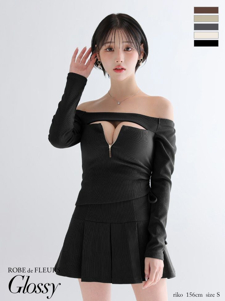 Glossy ローブドフルールグロッシー 【XSサイズあり】オフショルダーロングスリーブバストカットフレアミニキャバドレス gl4138-c