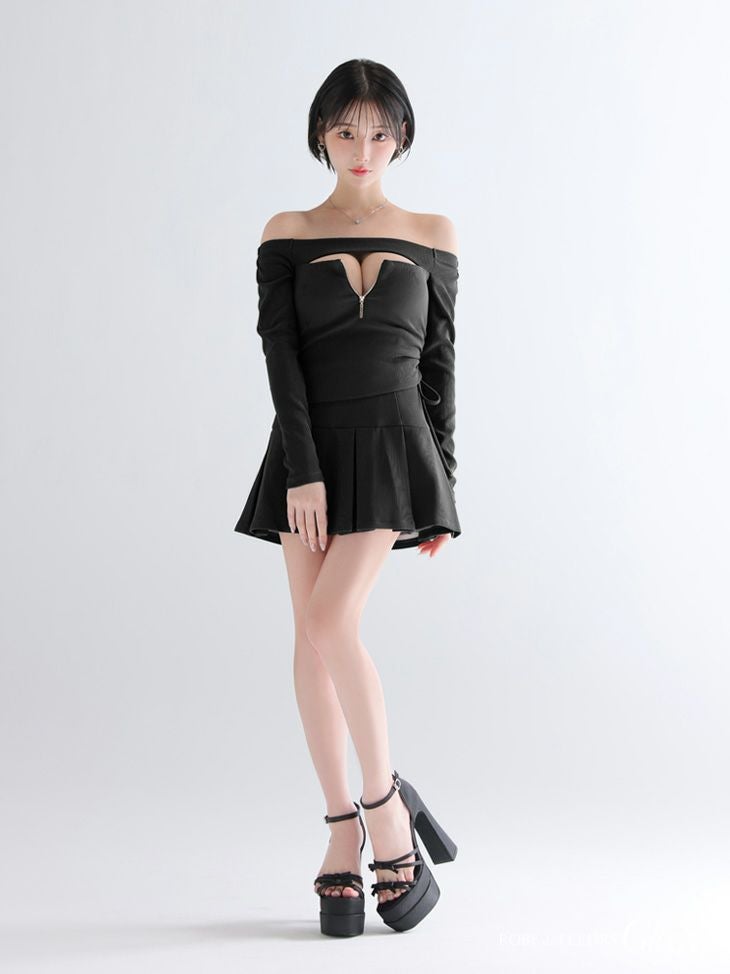 Glossy ローブドフルールグロッシー 【XSサイズあり】オフショルダーロングスリーブバストカットフレアミニキャバドレス gl4138-c