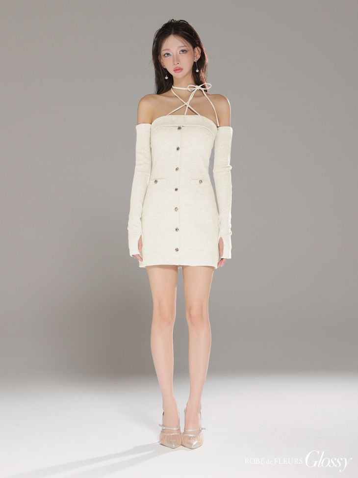 Glossy ローブドフルールグロッシー 【XSサイズあり】アームウォーマー付きリブニットフロントボタンタイトミニミニキャバドレス gl4321-c