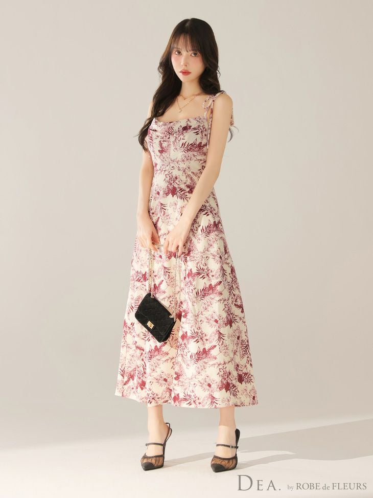 DEA. ディア バイ ローブドフルール 【Lサイズあり】花柄サテンショルダーリボンフレアロングキャバドレス de4603-c