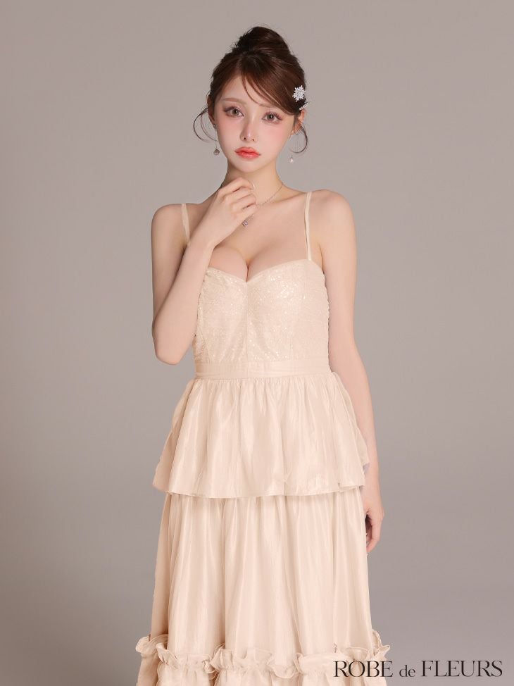 ROBE de FLEURS ローブドフルール 【XS～Lサイズあり】サテンビーズチュールペプラムキャミフレアロングキャバドレス fm4139-c