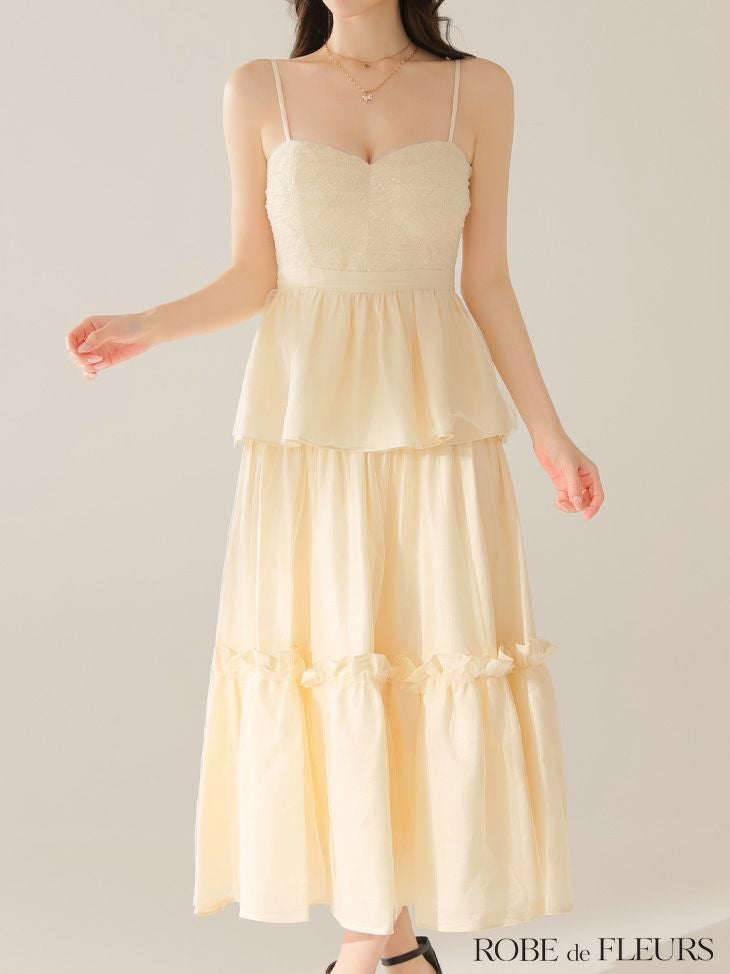 ROBE de FLEURS ローブドフルール 【XS～Lサイズあり】サテンビーズチュールペプラムキャミフレアロングキャバドレス fm4139-c