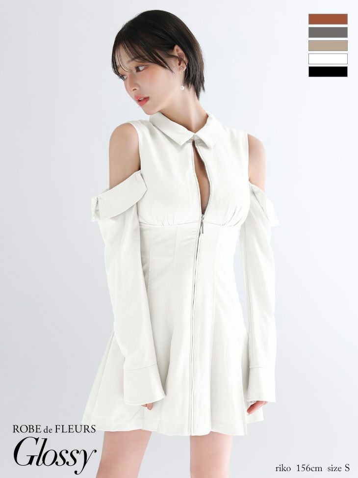 Glossy ローブドフルールグロッシー 【XSサイズあり】オフショルダーカットデザインフレアミニキャバドレス gl4126-c