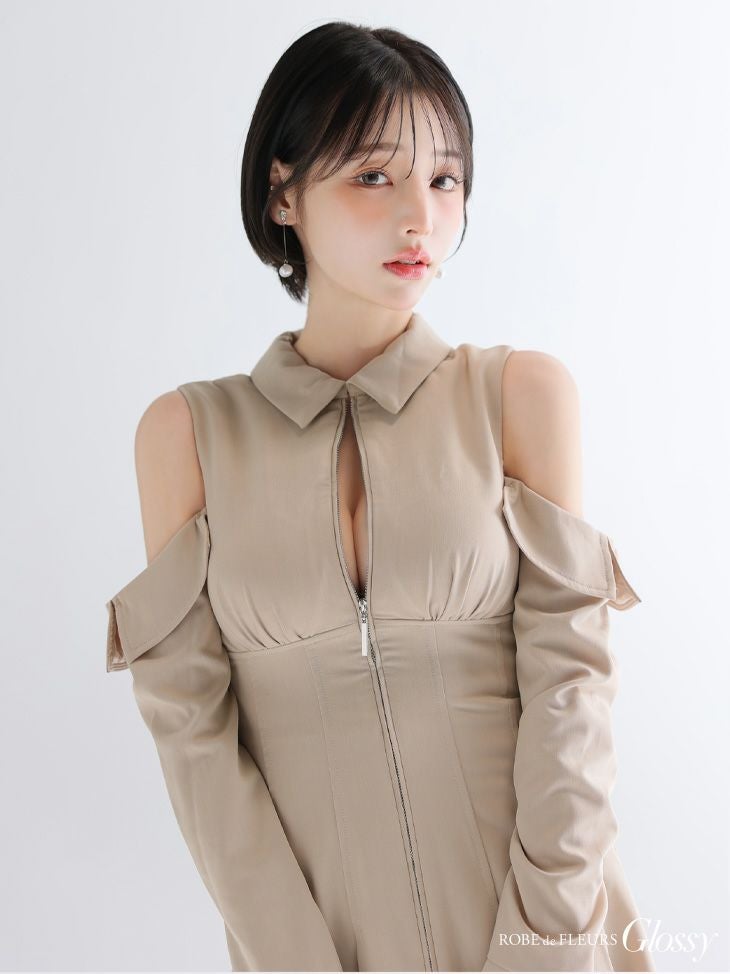Glossy ローブドフルールグロッシー 【XSサイズあり】オフショルダーカットデザインフレアミニキャバドレス gl4126-c