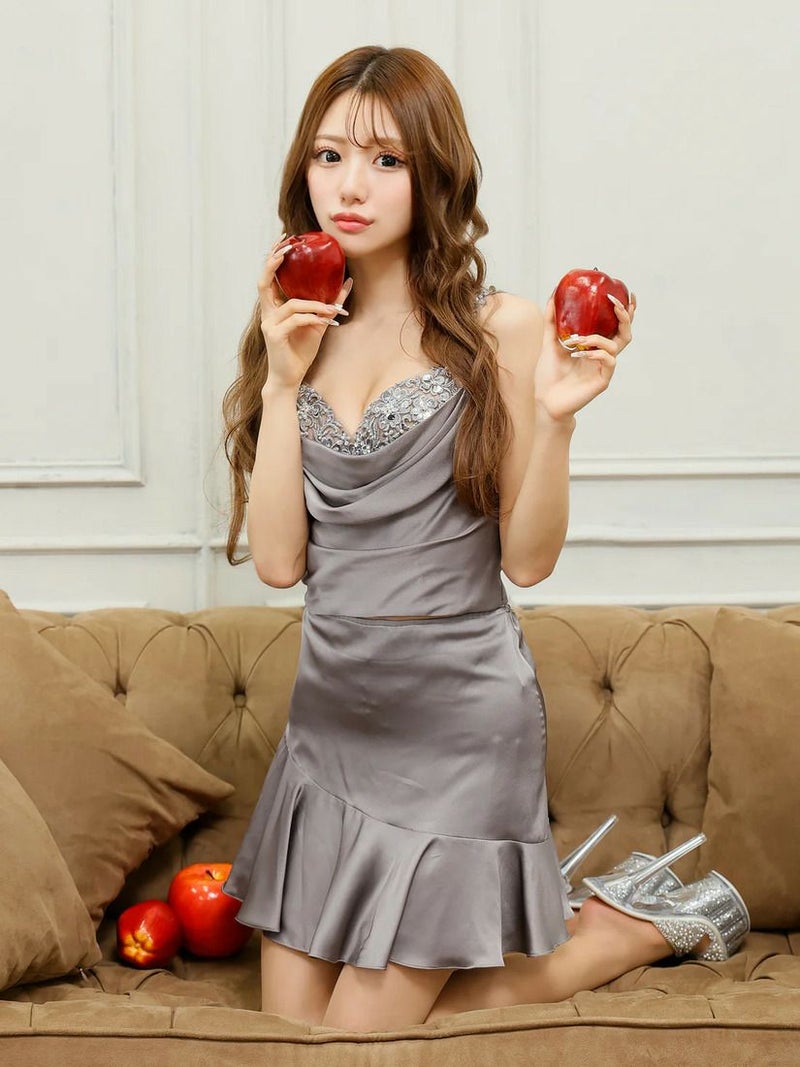 AngelR エンジェルアール フラワーレースドレープサテンフリルビジューセパレートフレアミニドレス ar25242