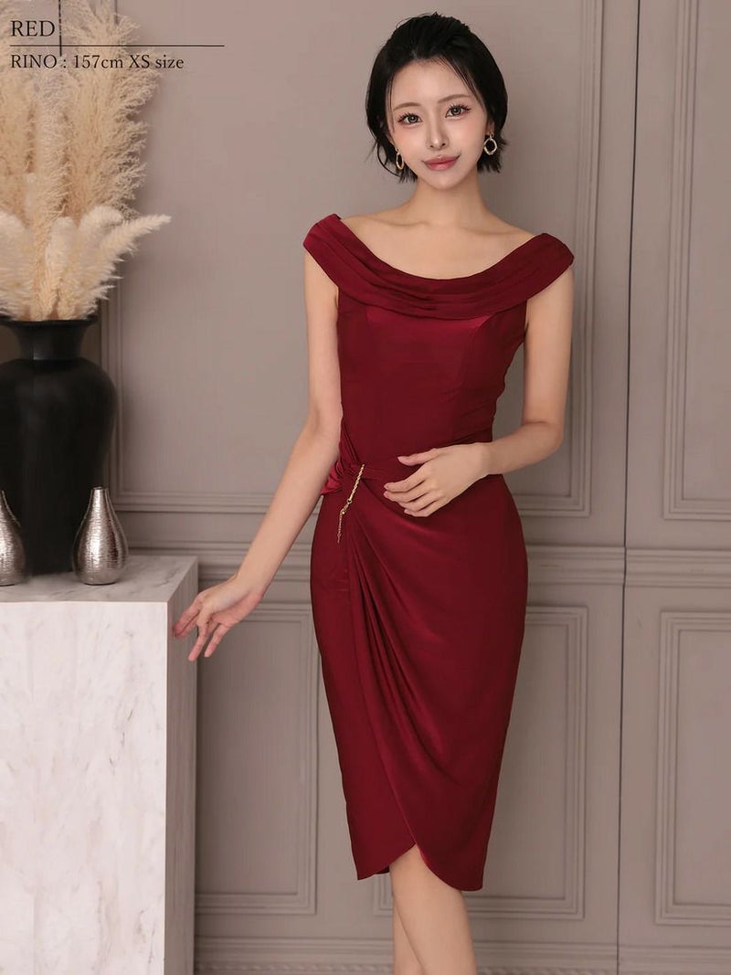 Veautt ヴュート オフショルダー2wayウエストチャームタイトミディアムドレス vt022518