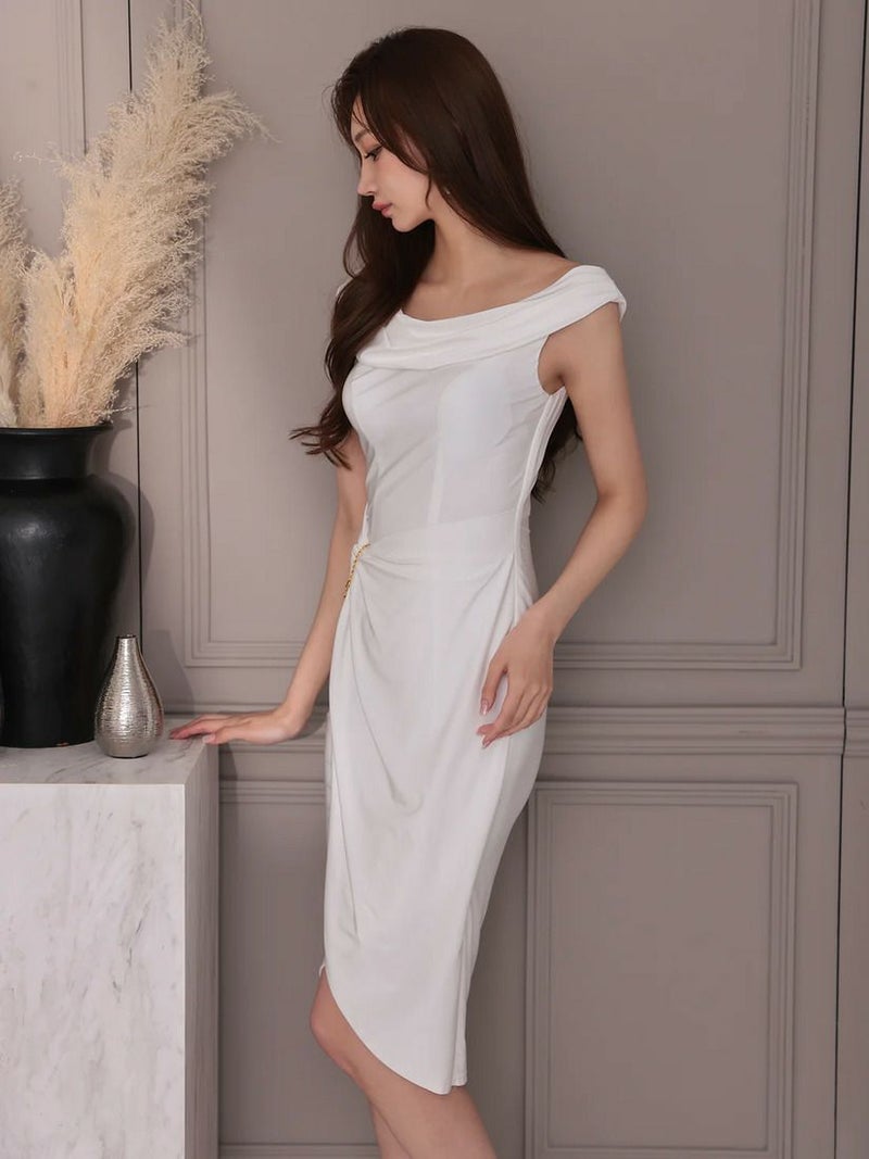 Veautt ヴュート オフショルダー2wayウエストチャームタイトミディアムドレス vt022518