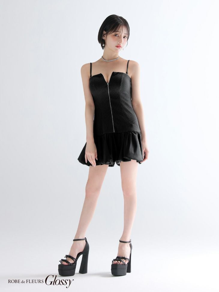 Glossy ローブドフルールグロッシー 【XSサイズあり】センタージップリブバルーンミニキャバドレス gl3385