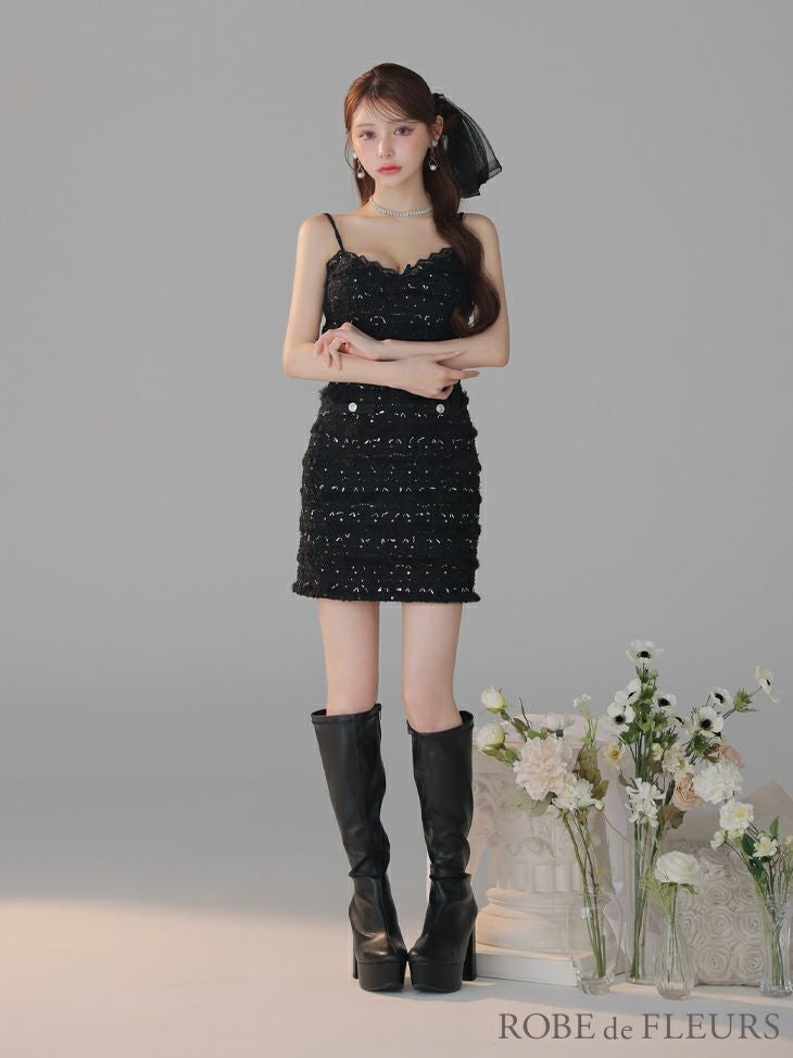 ROBE de FLEURS ローブドフルール 【XSサイズあり】フェザースパンコールツイードミニキャバドレス fm4224