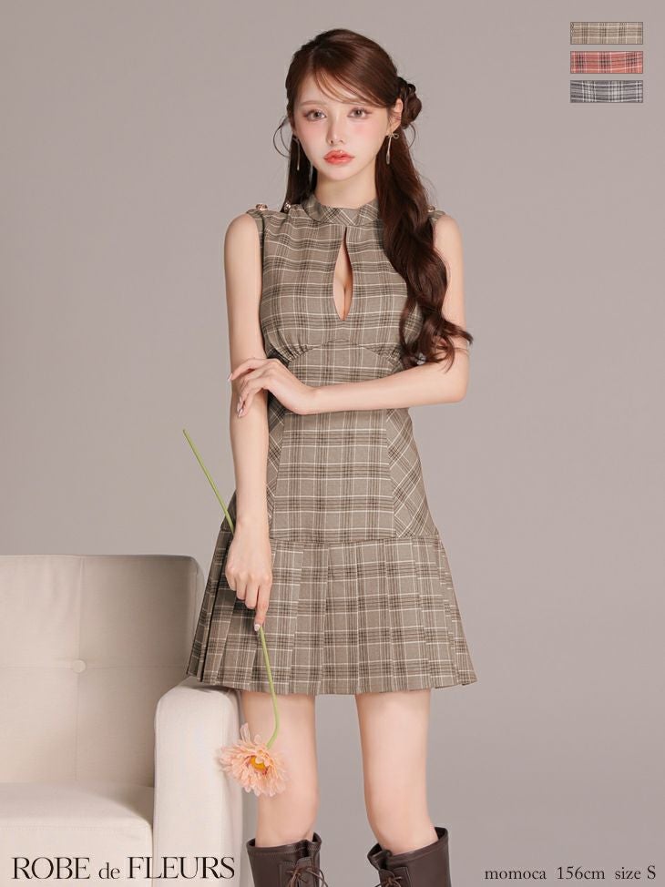 ROBE de FLEURS ローブドフルール 【XSサイズあり】クラシカルチェックツイルプリーツミニキャバドレス fm3389