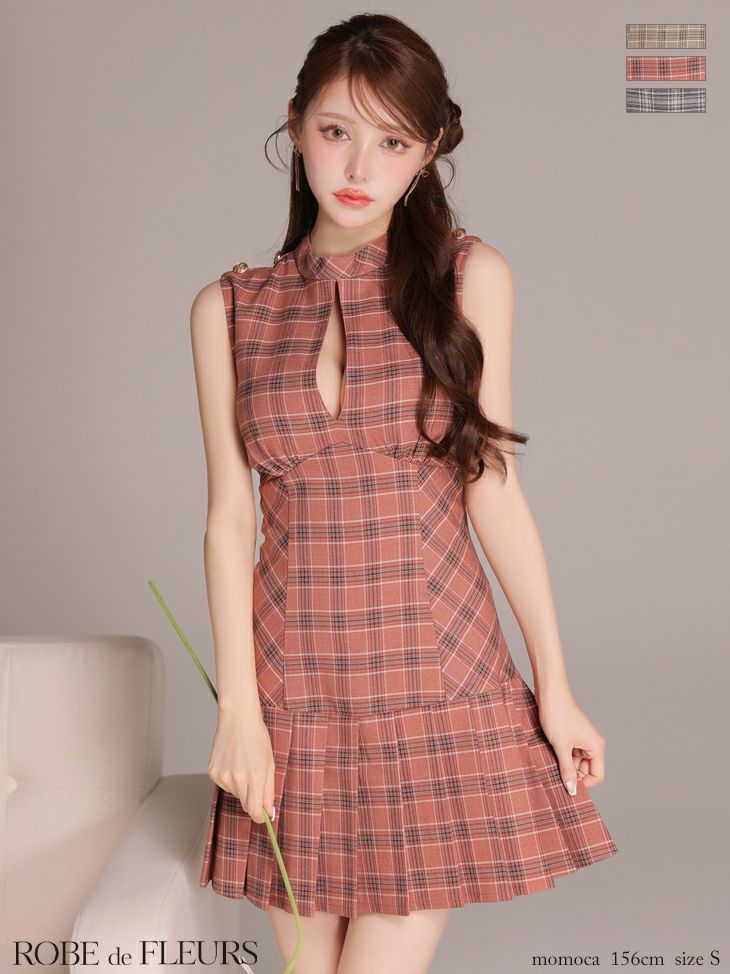 ROBE de FLEURS ローブドフルール 【XSサイズあり】クラシカルチェックツイルプリーツミニキャバドレス fm3389