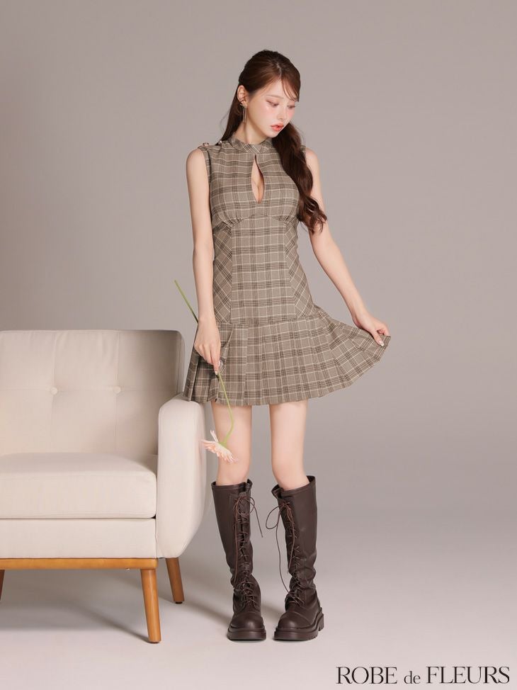 ROBE de FLEURS ローブドフルール 【XSサイズあり】クラシカルチェックツイルプリーツミニキャバドレス fm3389