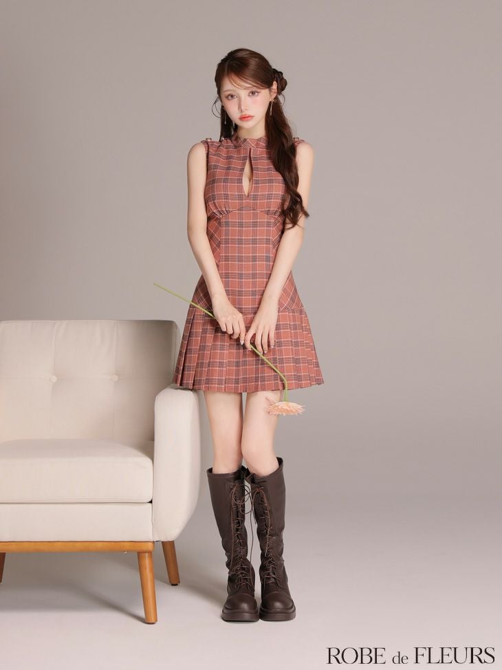 ROBE de FLEURS ローブドフルール 【XSサイズあり】クラシカルチェックツイルプリーツミニキャバドレス fm3389