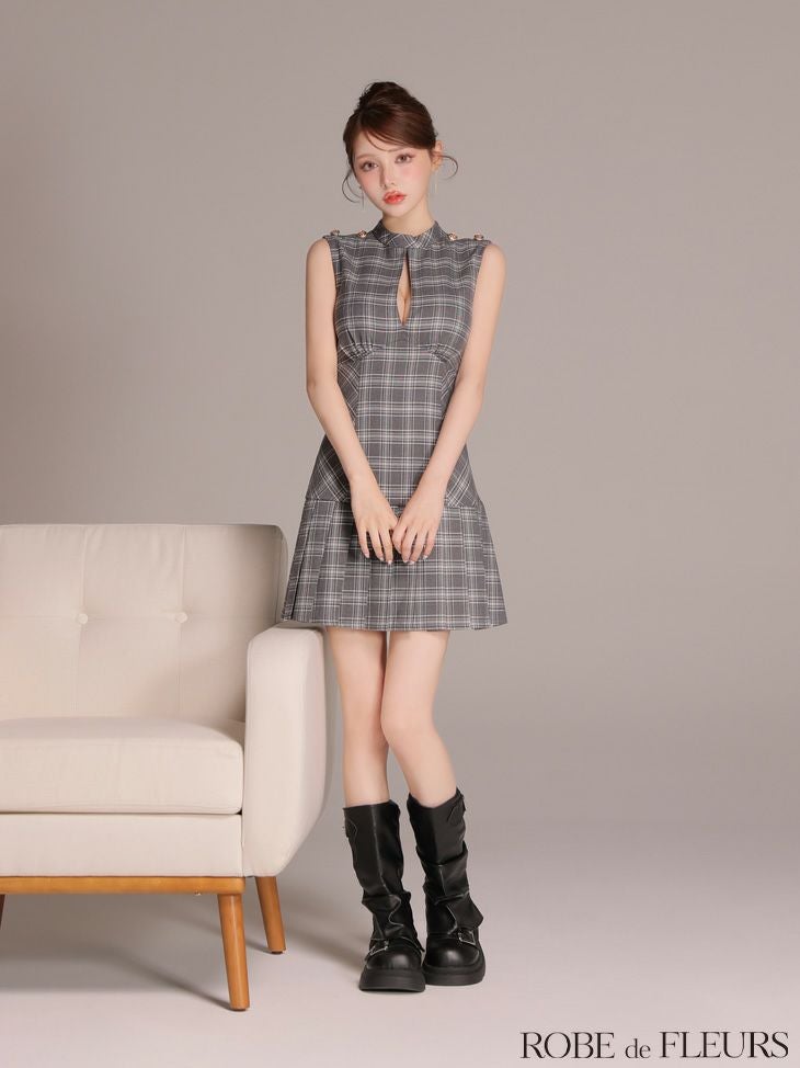 ROBE de FLEURS ローブドフルール 【XSサイズあり】クラシカルチェックツイルプリーツミニキャバドレス fm3389