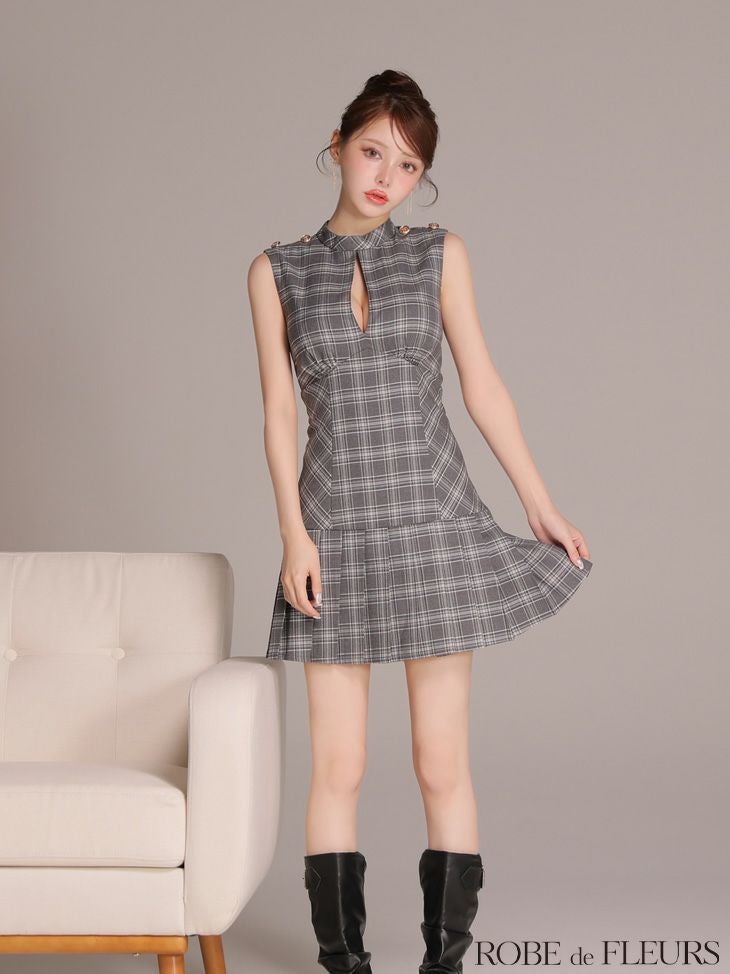 ROBE de FLEURS ローブドフルール 【XSサイズあり】クラシカルチェックツイルプリーツミニキャバドレス fm3389