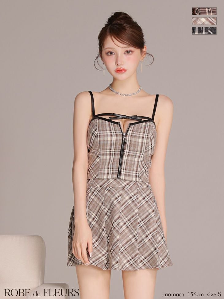 ROBE de FLEURS ローブドフルール 【XSサイズあり】レザーミニリボンチェックフレアセットアップミニキャバドレス fm4308