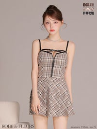 ROBE de FLEURS ローブドフルール 【XSサイズあり】レザーミニリボンチェックフレアセットアップミニキャバドレス fm4308
