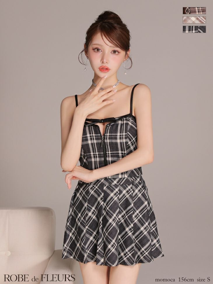 ROBE de FLEURS ローブドフルール 【XSサイズあり】レザーミニリボンチェックフレアセットアップミニキャバドレス fm4308