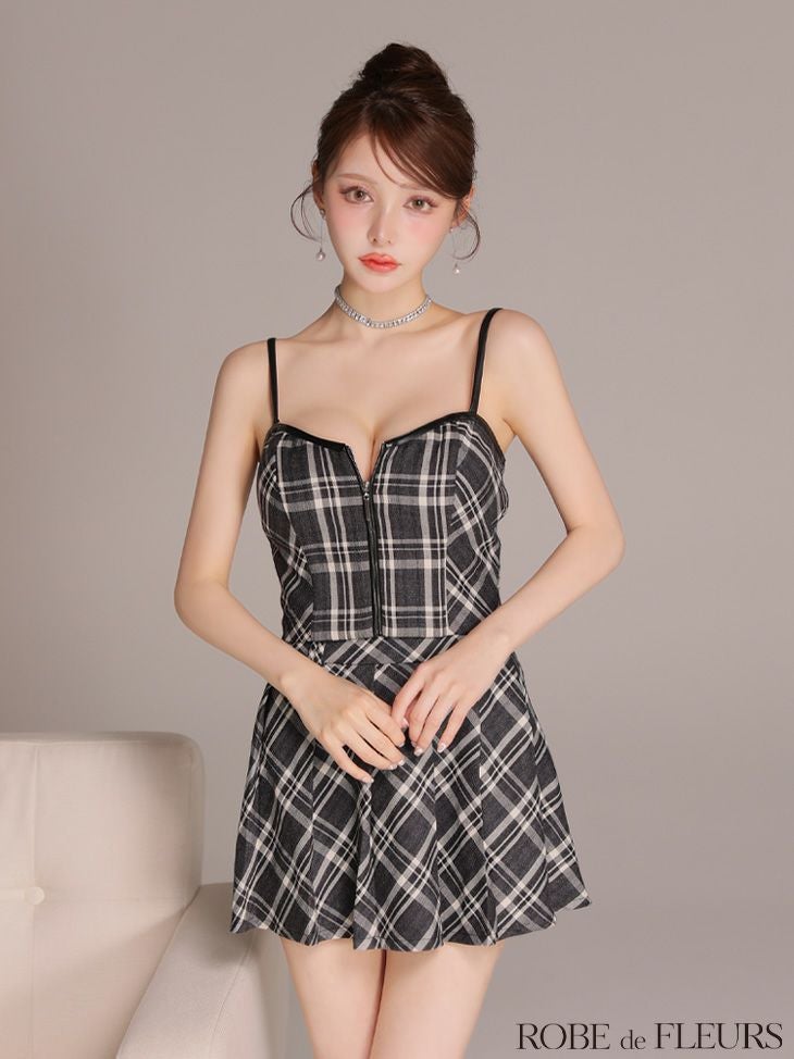 ROBE de FLEURS ローブドフルール 【XSサイズあり】レザーミニリボンチェックフレアセットアップミニキャバドレス fm4308