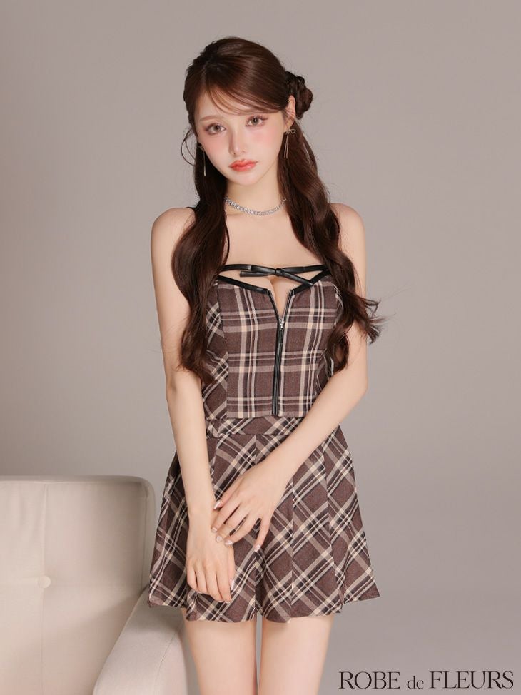 ROBE de FLEURS ローブドフルール 【XSサイズあり】レザーミニリボンチェックフレアセットアップミニキャバドレス fm4308