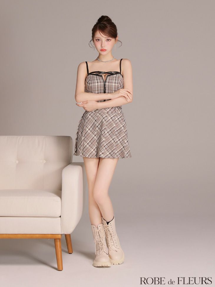 ROBE de FLEURS ローブドフルール 【XSサイズあり】レザーミニリボンチェックフレアセットアップミニキャバドレス fm4308