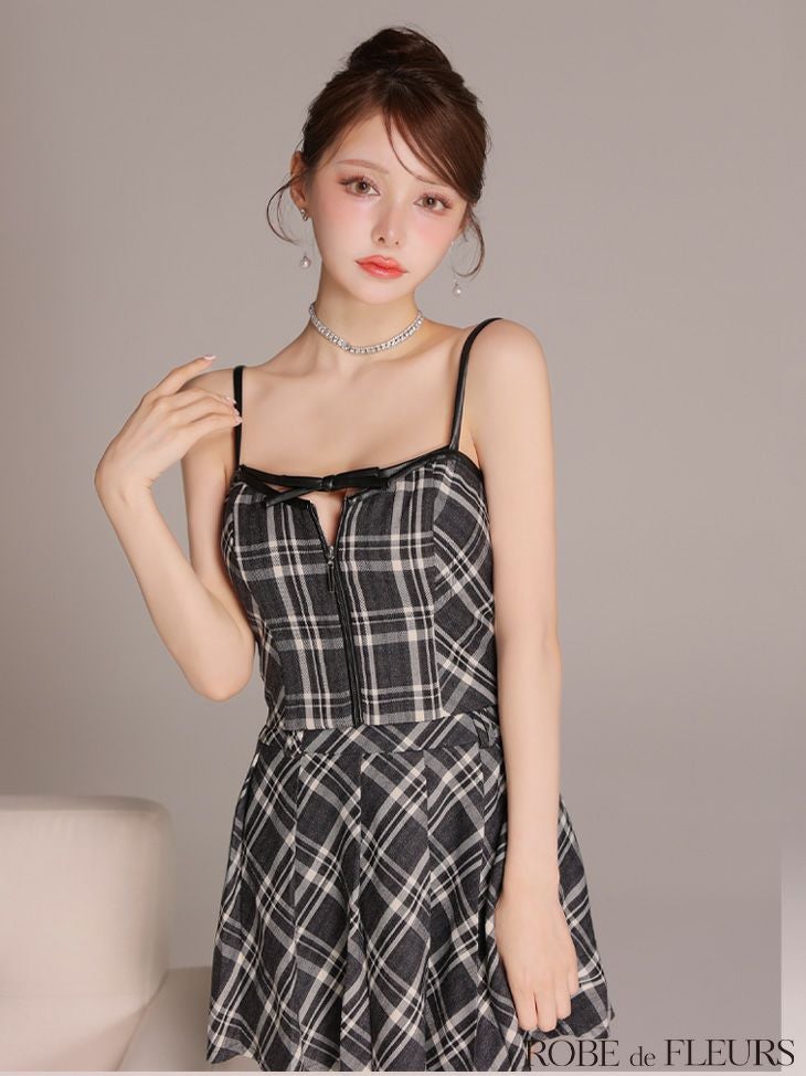 ROBE de FLEURS ローブドフルール 【XSサイズあり】レザーミニリボンチェックフレアセットアップミニキャバドレス fm4308