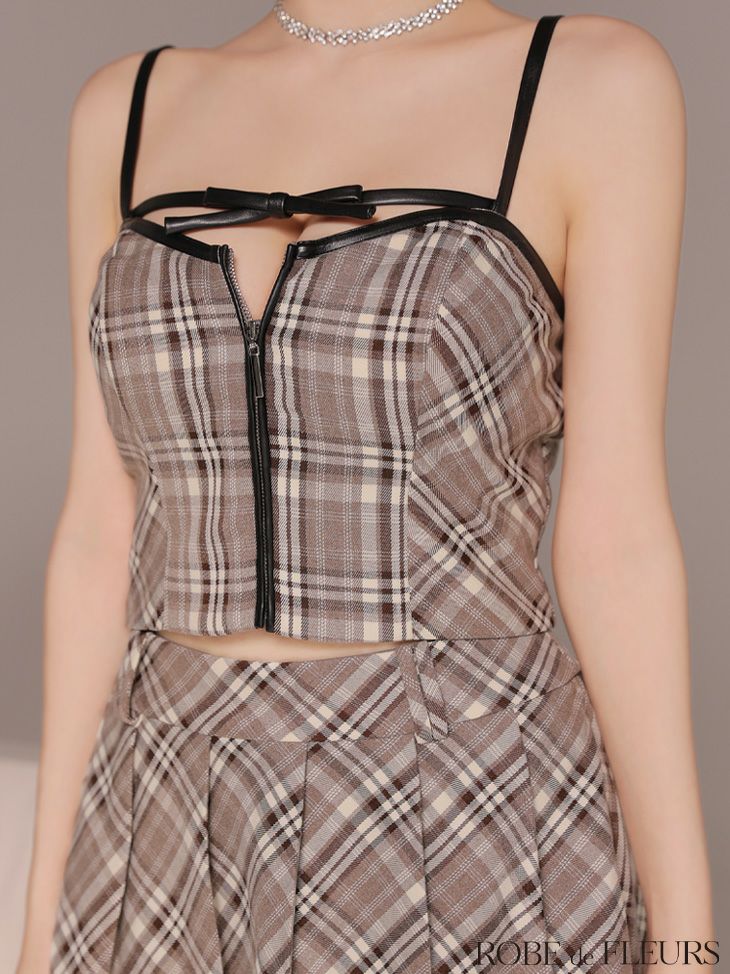 ROBE de FLEURS ローブドフルール 【XSサイズあり】レザーミニリボンチェックフレアセットアップミニキャバドレス fm4308