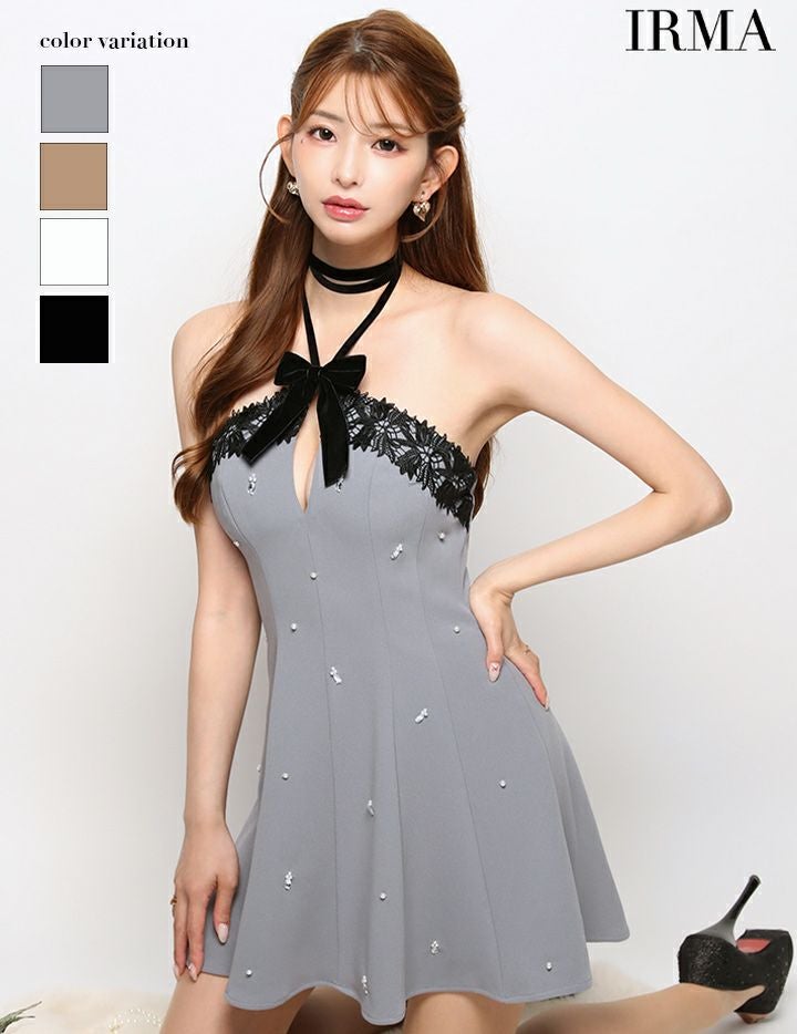 IRMA イルマ ホルターリボン/レースパイピング/バストカット/ビジュー/フレア ミニドレス ir51934