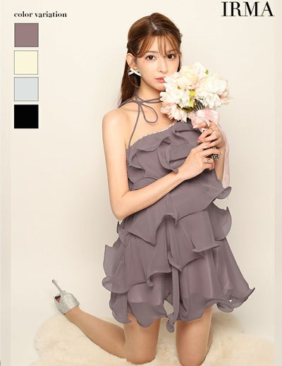 IRMA イルマ シフォンティアード/ワンショル/ネックリボン/フレア ミニ 