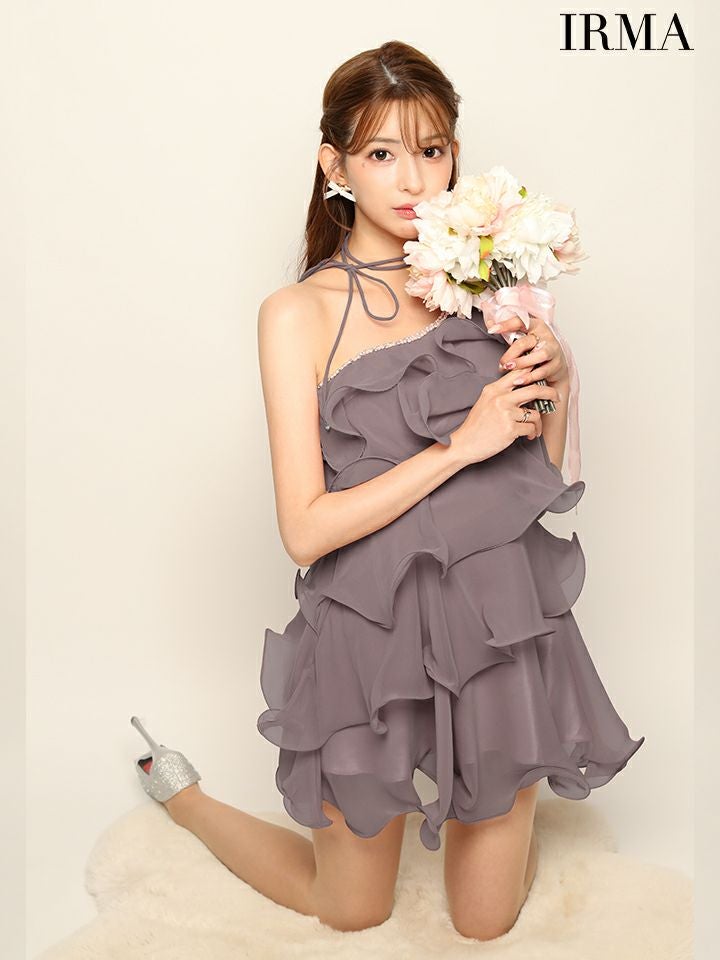 IRMA イルマ シフォンティアード/ワンショル/ネックリボン/フレア ミニドレス ir51935