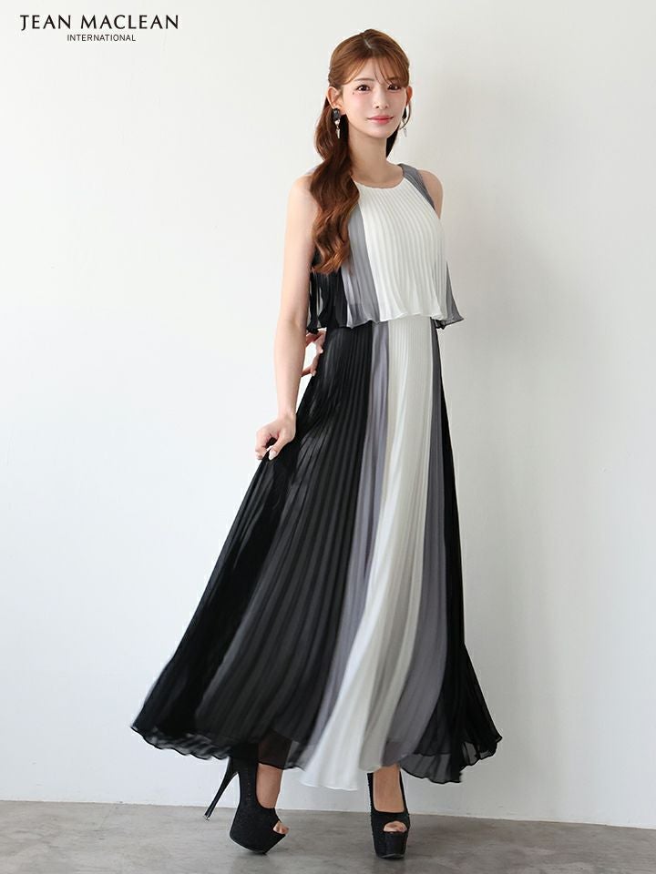 JEAN MACLEAN ジャンマクレーン グラデーション/シフォン/ウエスト切替/プリーツ/ミモレ丈/ロングドレス ja51950