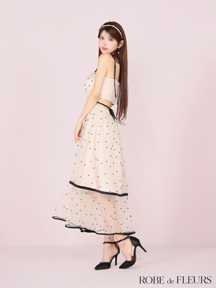 ROBE de FLEURS ローブドフルール パールドットチュールウエストカットフレアロングキャバドレス fm3298