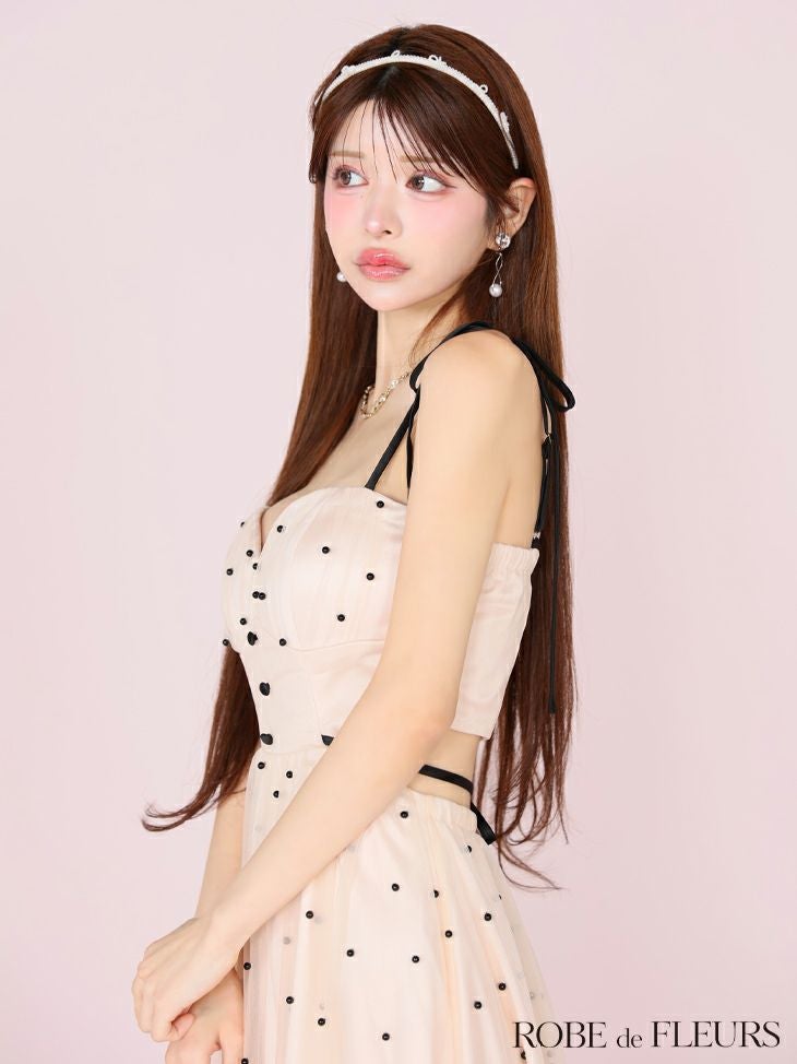 ROBE de FLEURS ローブドフルール パールドットチュールウエストカットフレアロングキャバドレス fm3298