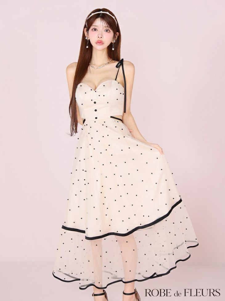 ROBE de FLEURS ローブドフルール パールドットチュールウエストカットフレアロングキャバドレス fm3298