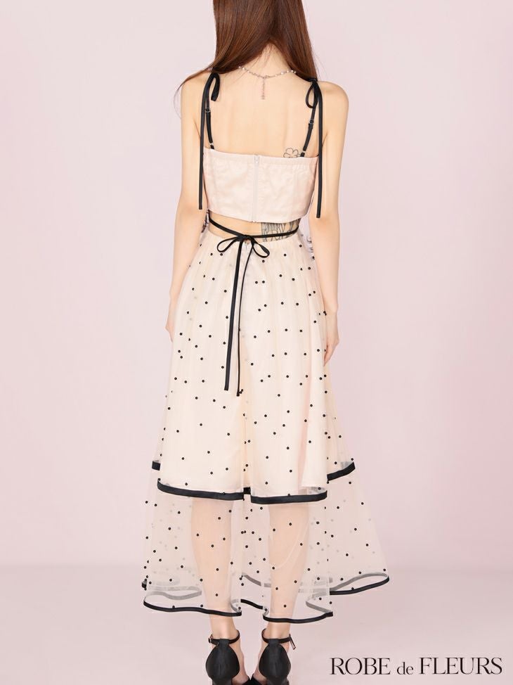 ROBE de FLEURS ローブドフルール パールドットチュールウエストカットフレアロングキャバドレス fm3298