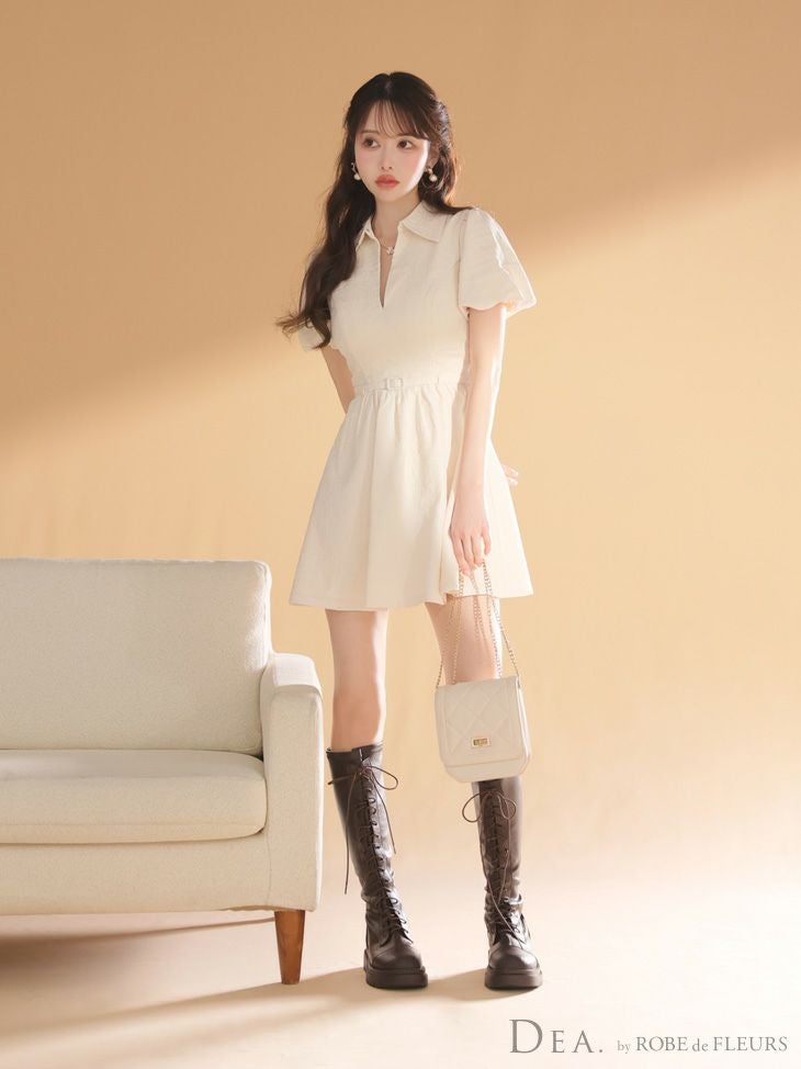 DEA. ディア バイ ローブドフルール ワッフル素材クラシカル襟付きフレアミニキャバドレス de4319
