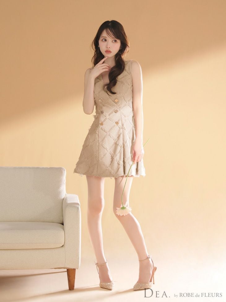DEA. ディア バイ ローブドフルール 【XS~Lサイズあり】フリンジジャガードダブルボタンフレアミニキャバドレス de4311