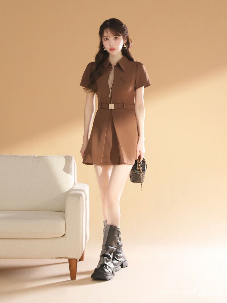 Glossy ローブドフルールグロッシー 【XS～Lサイズあり】シャツカラーウエストベルトフレアミニキャバドレス gl4617