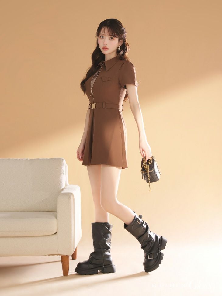 Glossy ローブドフルールグロッシー 【XS～Lサイズあり】シャツカラーウエストベルトフレアミニキャバドレス gl4617