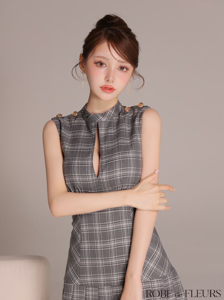 ROBE de FLEURS ローブドフルール 【XSサイズあり】クラシカルチェックツイルプリーツミニキャバドレス fm3389-c