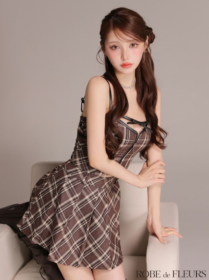 ROBE de FLEURS ローブドフルール 【XSサイズあり】レザーミニリボンチェックフレアセットアップミニキャバドレス fm4308-c