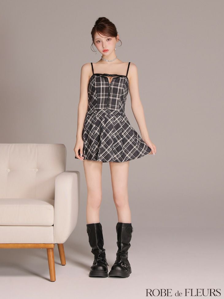 ROBE de FLEURS ローブドフルール 【XSサイズあり】レザーミニリボンチェックフレアセットアップミニキャバドレス fm4308-c