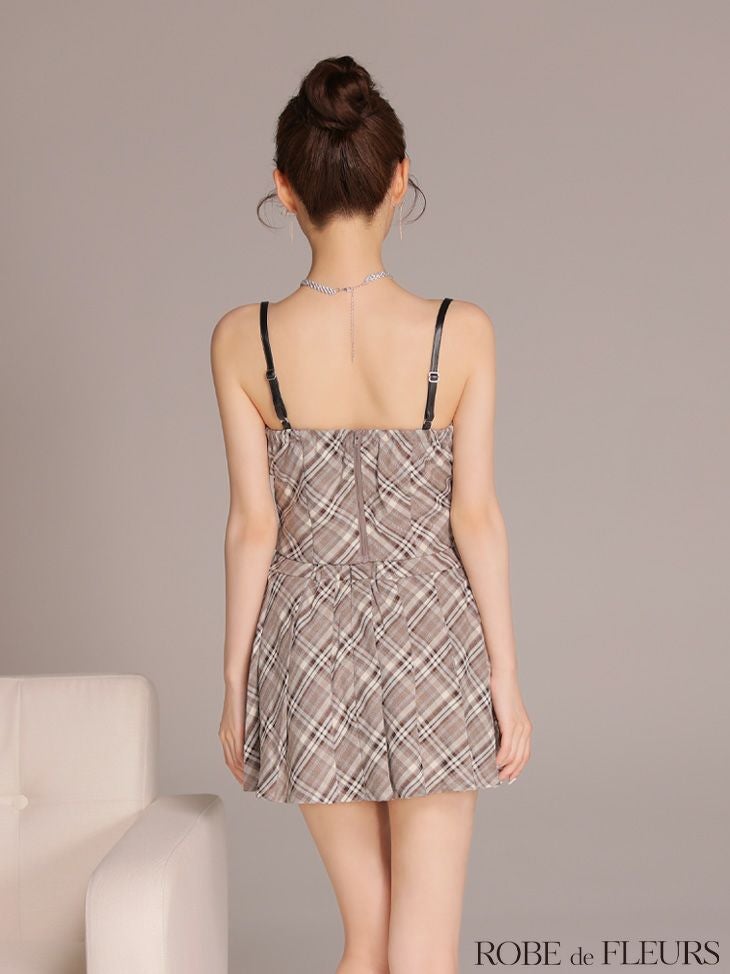 ROBE de FLEURS ローブドフルール 【XSサイズあり】レザーミニリボンチェックフレアセットアップミニキャバドレス fm4308-c