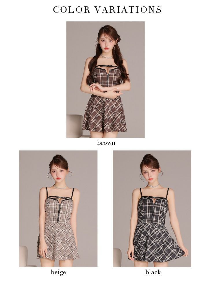 ROBE de FLEURS ローブドフルール 【XSサイズあり】レザーミニリボンチェックフレアセットアップミニキャバドレス fm4308-c