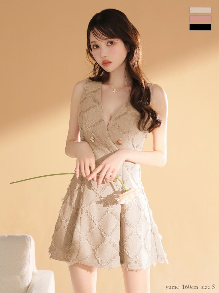 DEA. ディア バイ ローブドフルール 【XS~Lサイズあり】フリンジジャガードダブルボタンフレアミニキャバドレス de4311-c