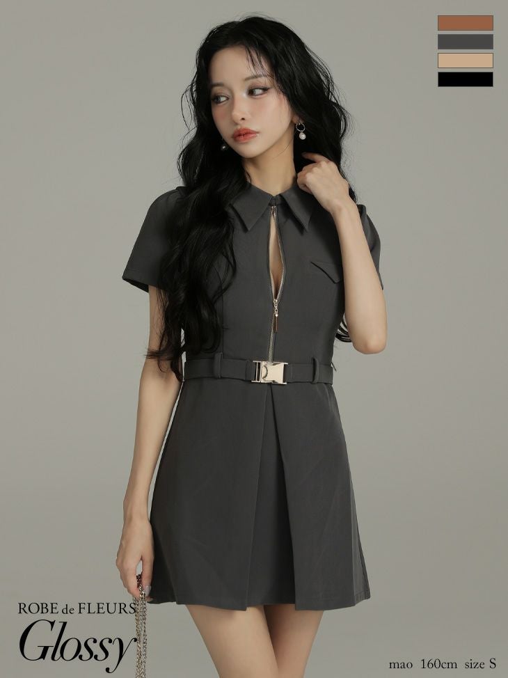 Glossy ローブドフルールグロッシー 【XS～Lサイズあり】シャツカラーウエストベルトフレアミニキャバドレス gl4617-c