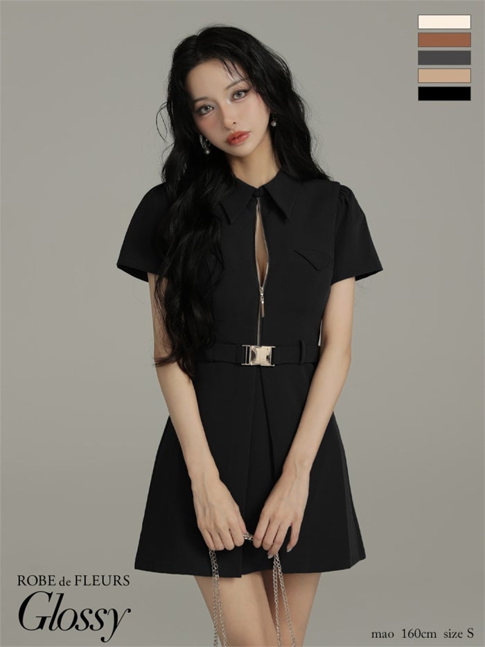 Glossy ローブドフルールグロッシー 【XS～Lサイズあり】シャツカラーウエストベルトフレアミニキャバドレス gl4617-c