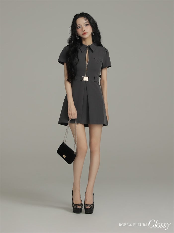 Glossy ローブドフルールグロッシー 【XS～Lサイズあり】シャツカラーウエストベルトフレアミニキャバドレス gl4617-c